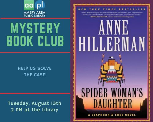 ad for meeting of Mystery Book Club - book is Spider Woman's Daughter