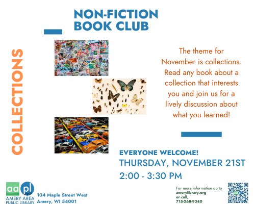 Non-fiction Book Club November theme announcement. The theme is Collections.