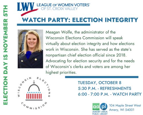 flyer for a watch party about election integrity in Wisconsin