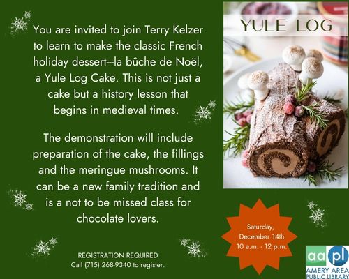 Picture of a Yule Log Cake for a demonstration flyer