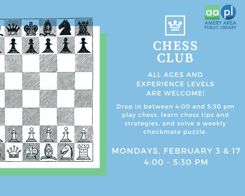 Chess Club announcement - blue background with a chess board and text with the date and time