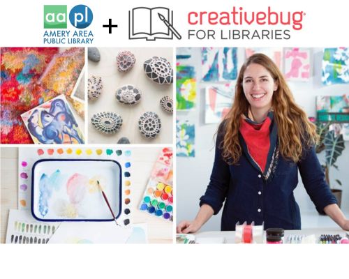 Creativebug image for announcement - assorted craft supplies and a female presenter in a blue blazer