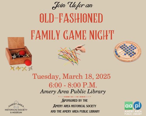 flyer for Old-Fashioed Game Night with images of Pick-up Sticks, jacks, and Chinese Checkers on a beige background with orange text